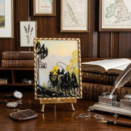Vintage Reverse Painted Silhouette Horse-Drawn Carriage Scene