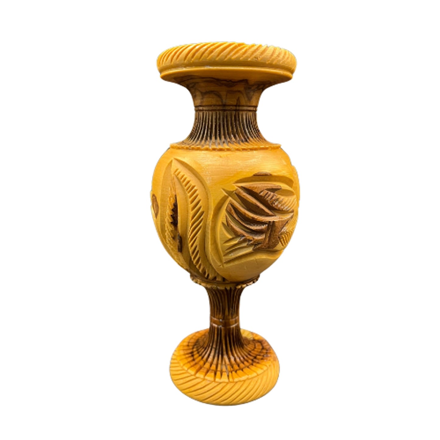 Tapered Olive Wood Candle Stick Holder Handcrafted Birds /Leaves Vintage 7"