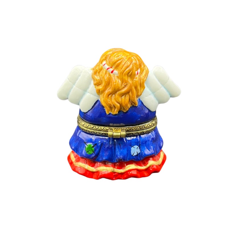 Vintage Ceramic Angel Hinged Trinket Box Blue Dress Red Heart 3 Inch
