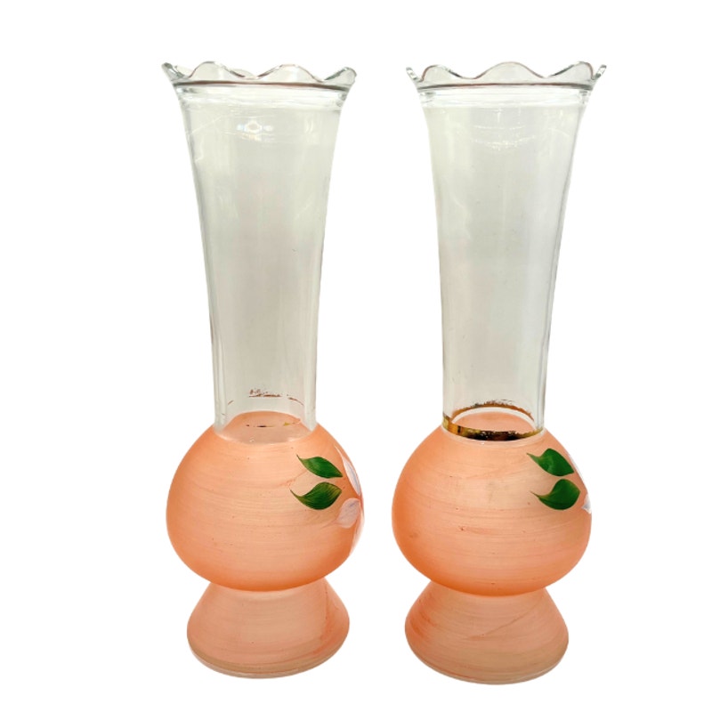 Vintage Bartlett Collins Frosted Pink Glass Vases Hand Painted Pair 9" MCM
