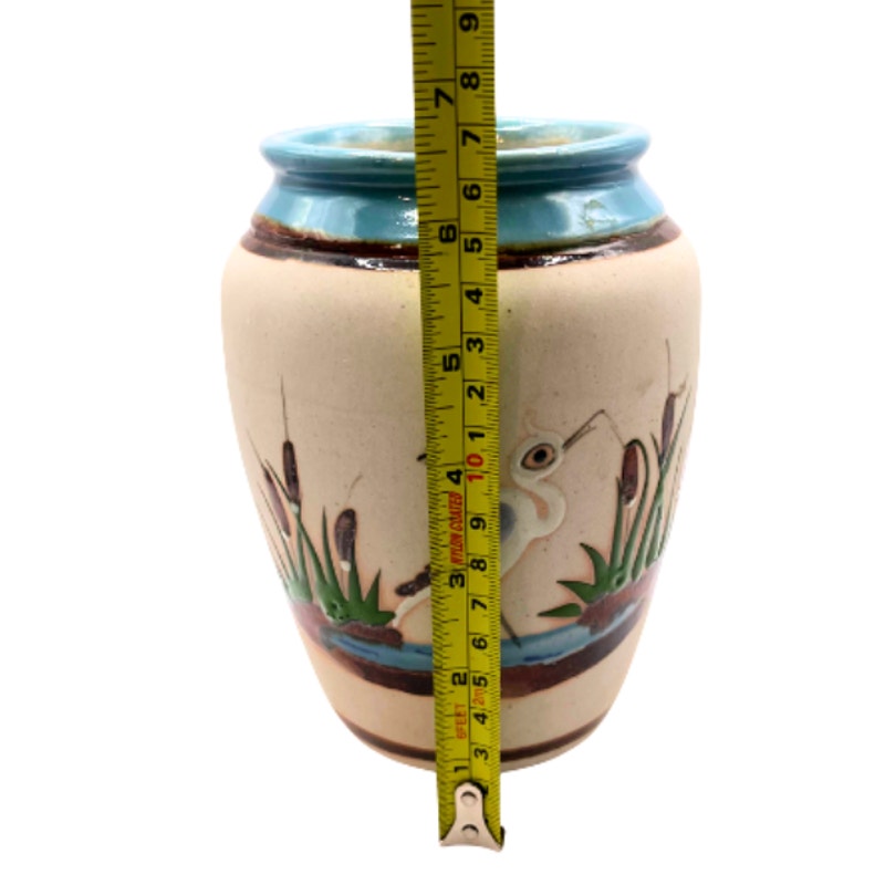 Vintage Mexican Tonala Folk Art Pottery Vase Heron & Cattail Handpainted 6.5in34.
