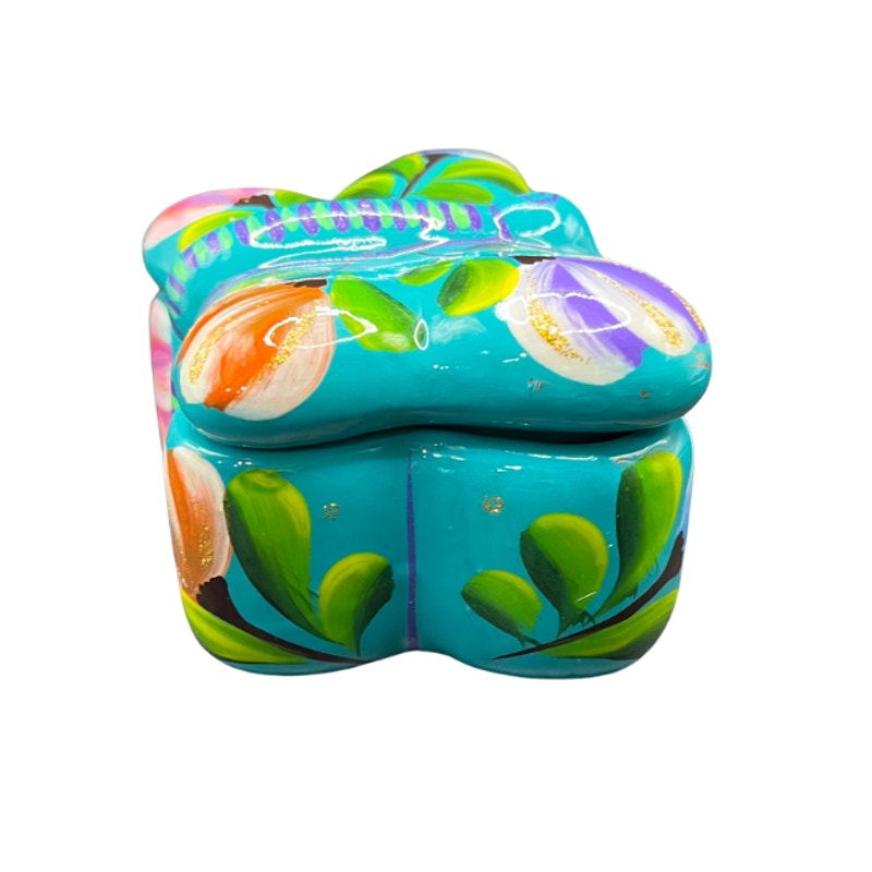 Vintage Mexican Folk Art Butterfly Pottery Trinket Box Turquoise Floral