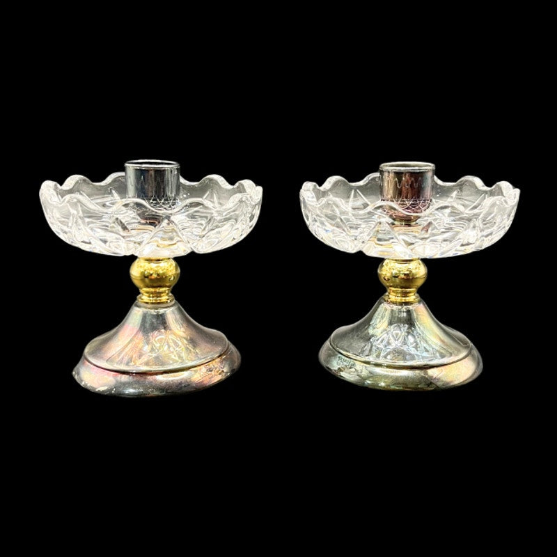 Vintage Landes Italy Silver Plated & Cut Crystal Taper Candle Holders Set of 2