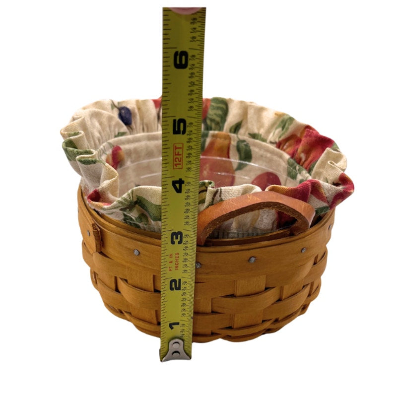 Vintage Longaberger Round Handwoven Wood Basket Leather Handles Fruit Liner