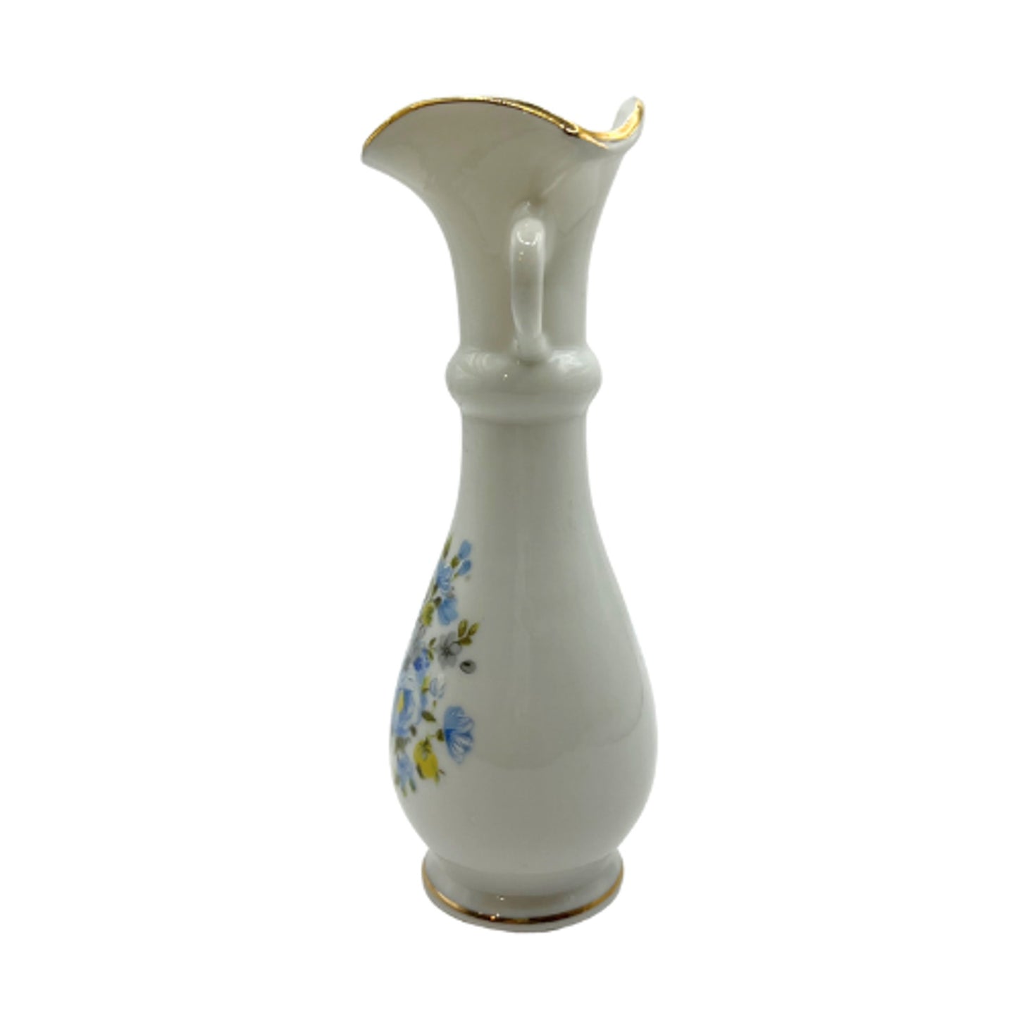 Vintage Lefton Ruffled Double Handle Blue Floral Vase