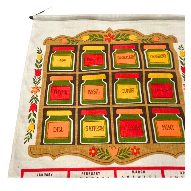 Vintage 1974 Spice Rack Calendar Tea Towel Herb Kitchen Wall Hanging Linen