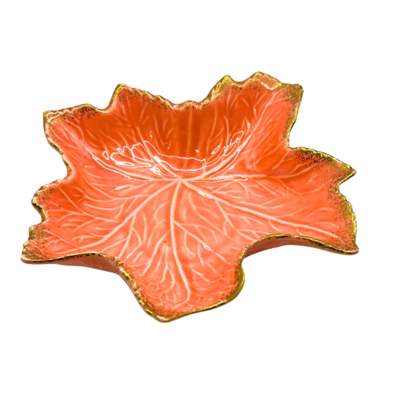 VTG California Pottery Maple Leaf Dish Coral Orange With Gold Trim USA 727