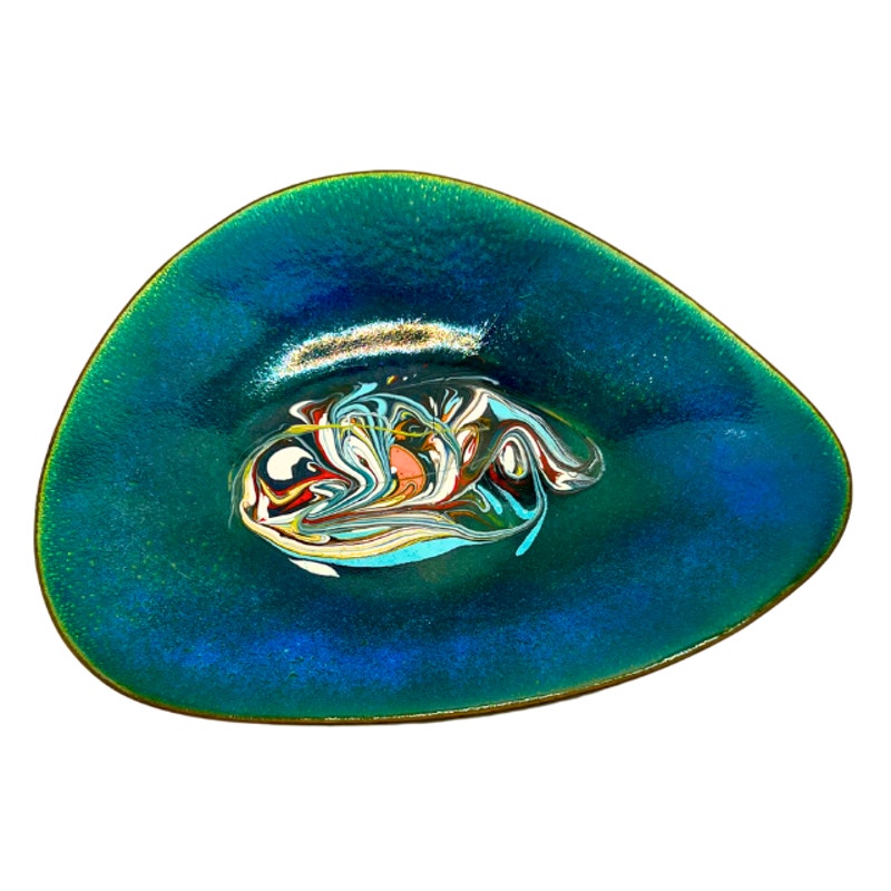 Vintage Enameled Copper Dish Turquoise Blue Abstract Marbled Trinket Bowl