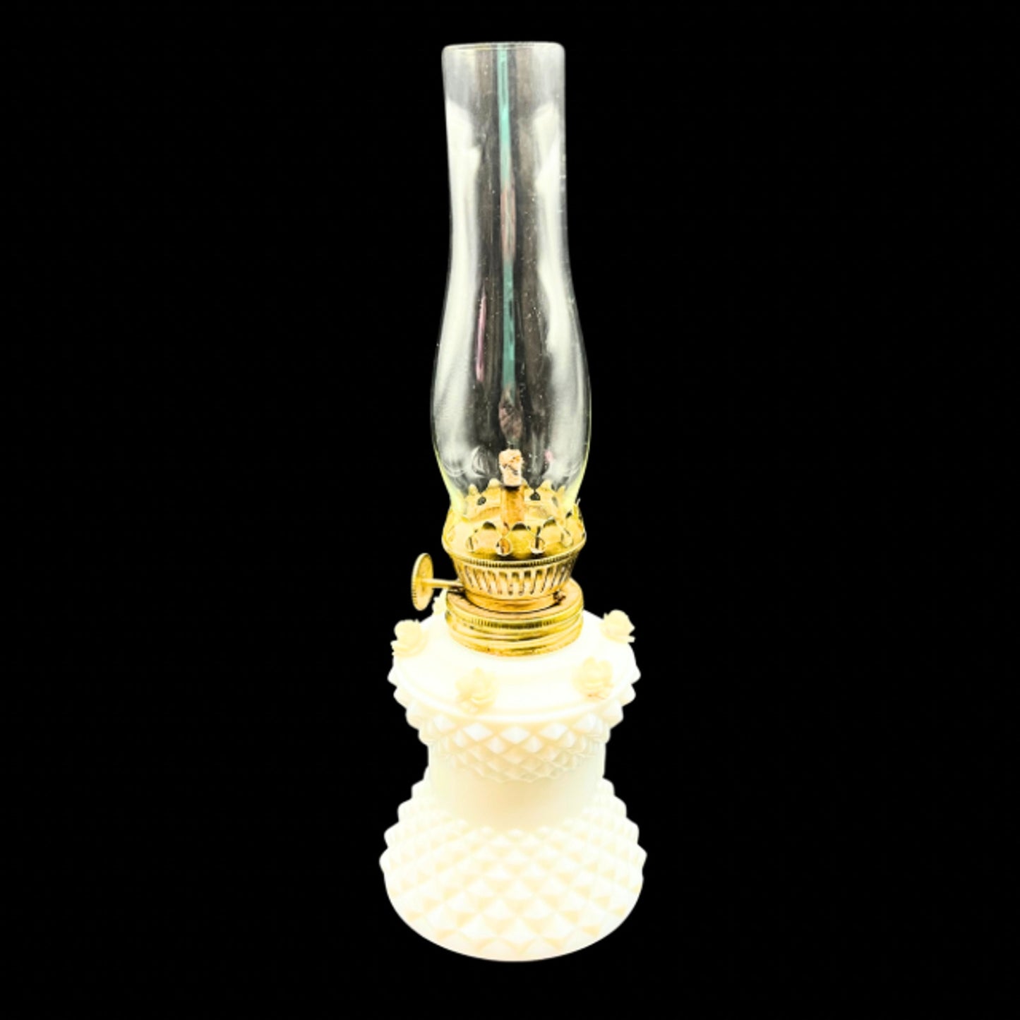 MCM Vintage Milk Glass Miniature Oil Lamp Diamond Point Rose Accent