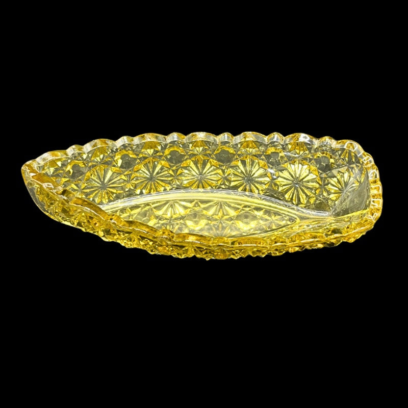 Vintage Amber Yellow Pressed Glass Canoe Dish Daisy & Button Pattern