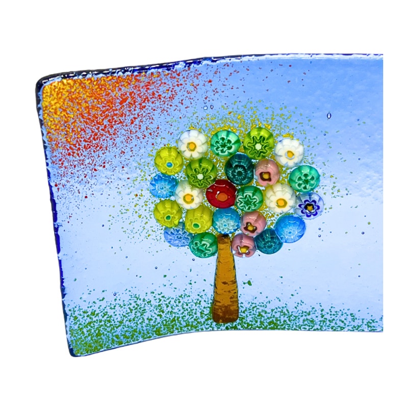 Vintage Murano Art Glass Millefiori Tree of Life Blue Curved Dish