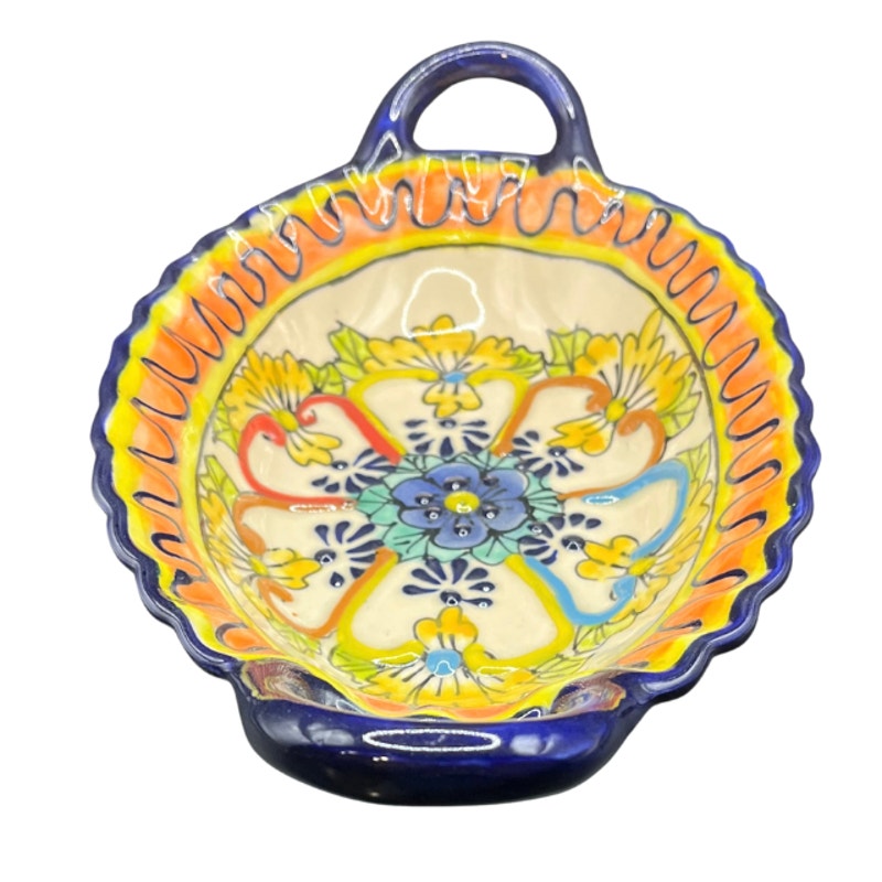 Vintage Mexican Pottery Oval Serving Dish Double Handle Hand Painted Floral