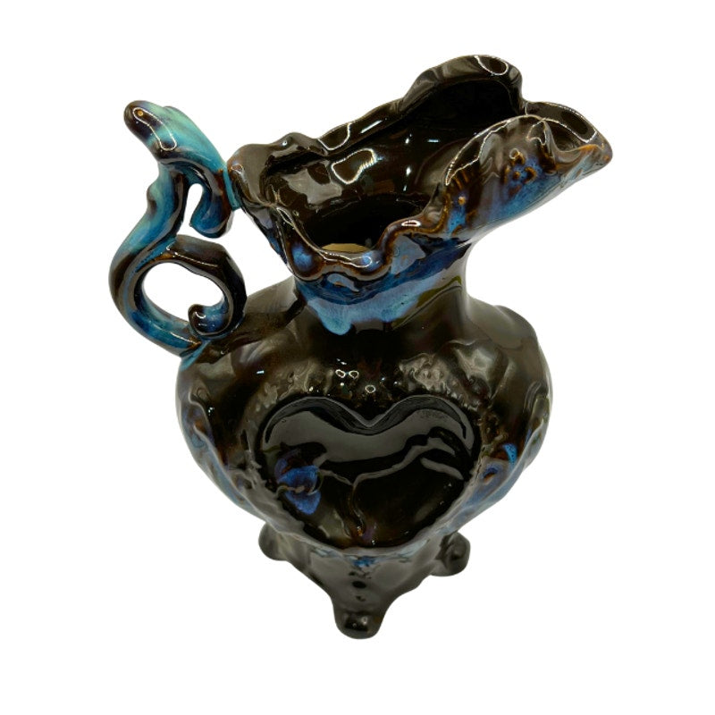 Vintage Art Pottery Pitcher Blue Brown Drip Glaze Heart Motif Ornate Footed Jug