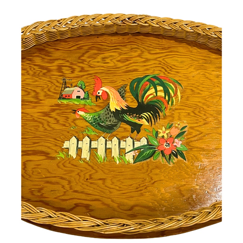 Vintage Oval Wooden Serving Tray Wicker Border Folk Art Rooster Farmhouse