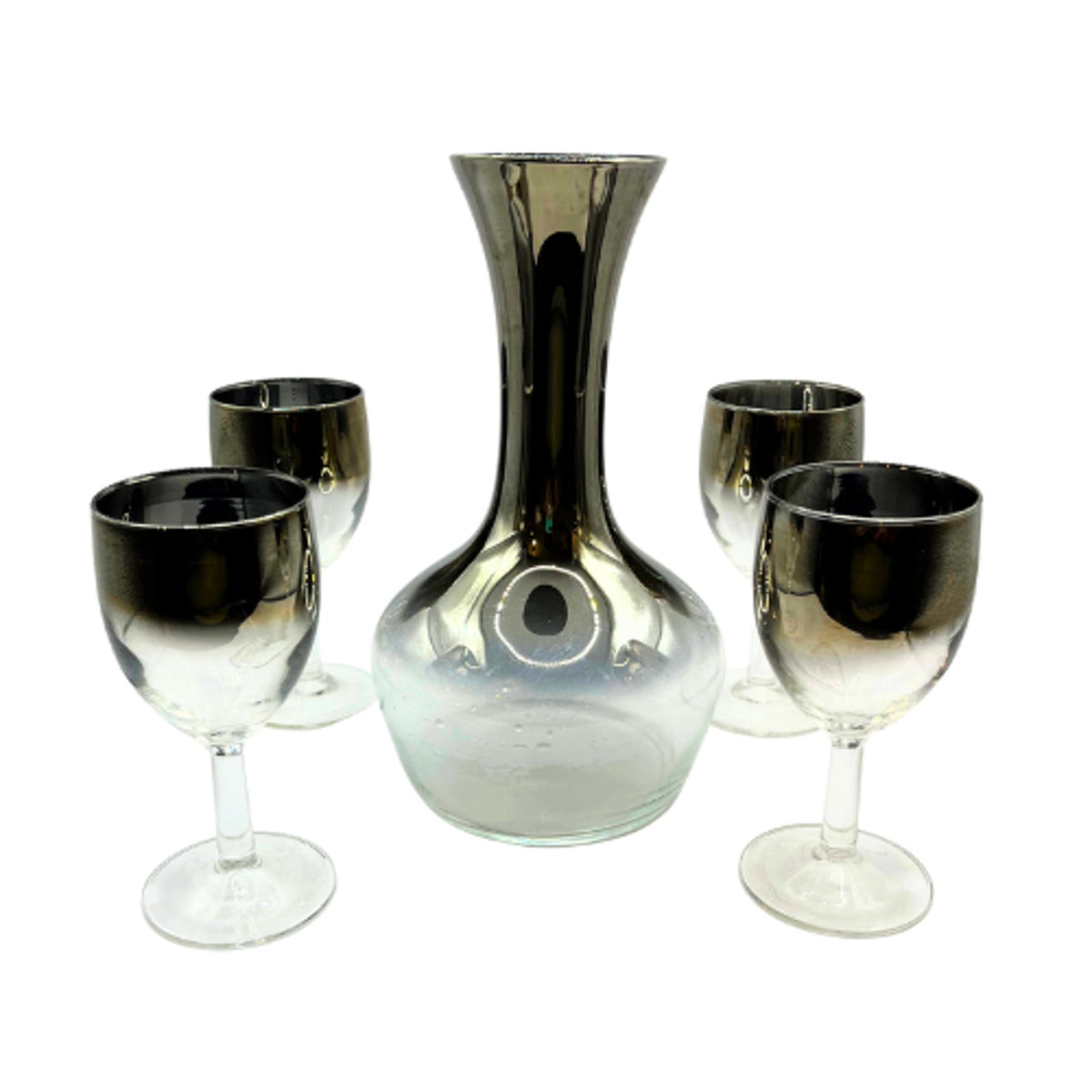 Vintage 1960s Silver Fade Decanter Stemware Set Mercury Ombre Barware