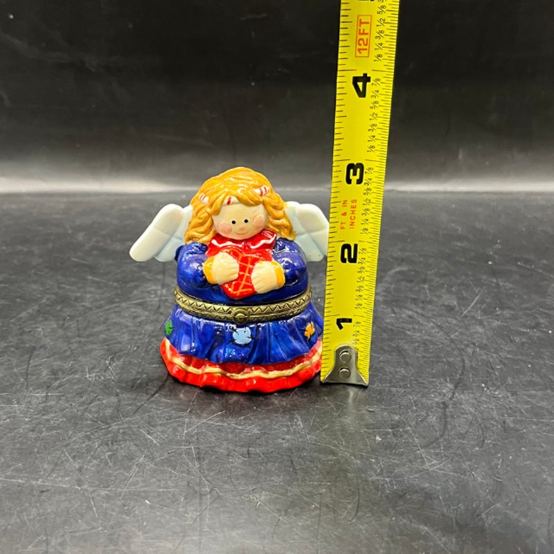 Vintage Ceramic Angel Hinged Trinket Box Blue Dress Red Heart 3 Inch