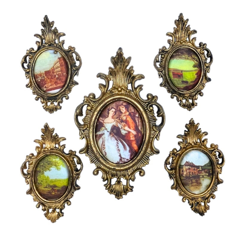 Vintage Mini Ornate Brass Tone Wall Frames Padded Silk Art Made in Hong Kong