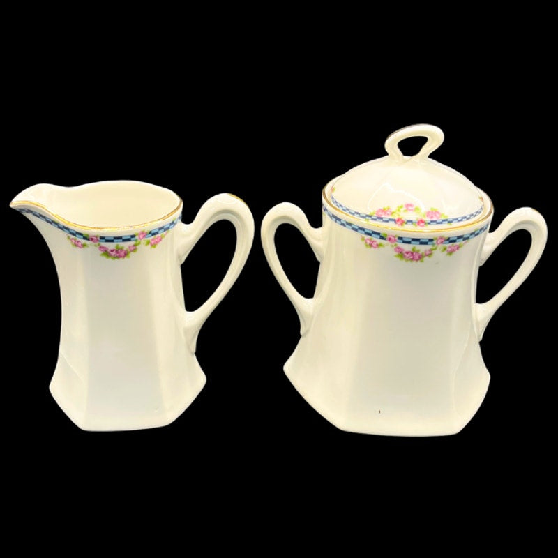 Antique French Limoges Tea Set Blue Ginham Pink Rose  19Pc  Charles Ahrenfeldt
