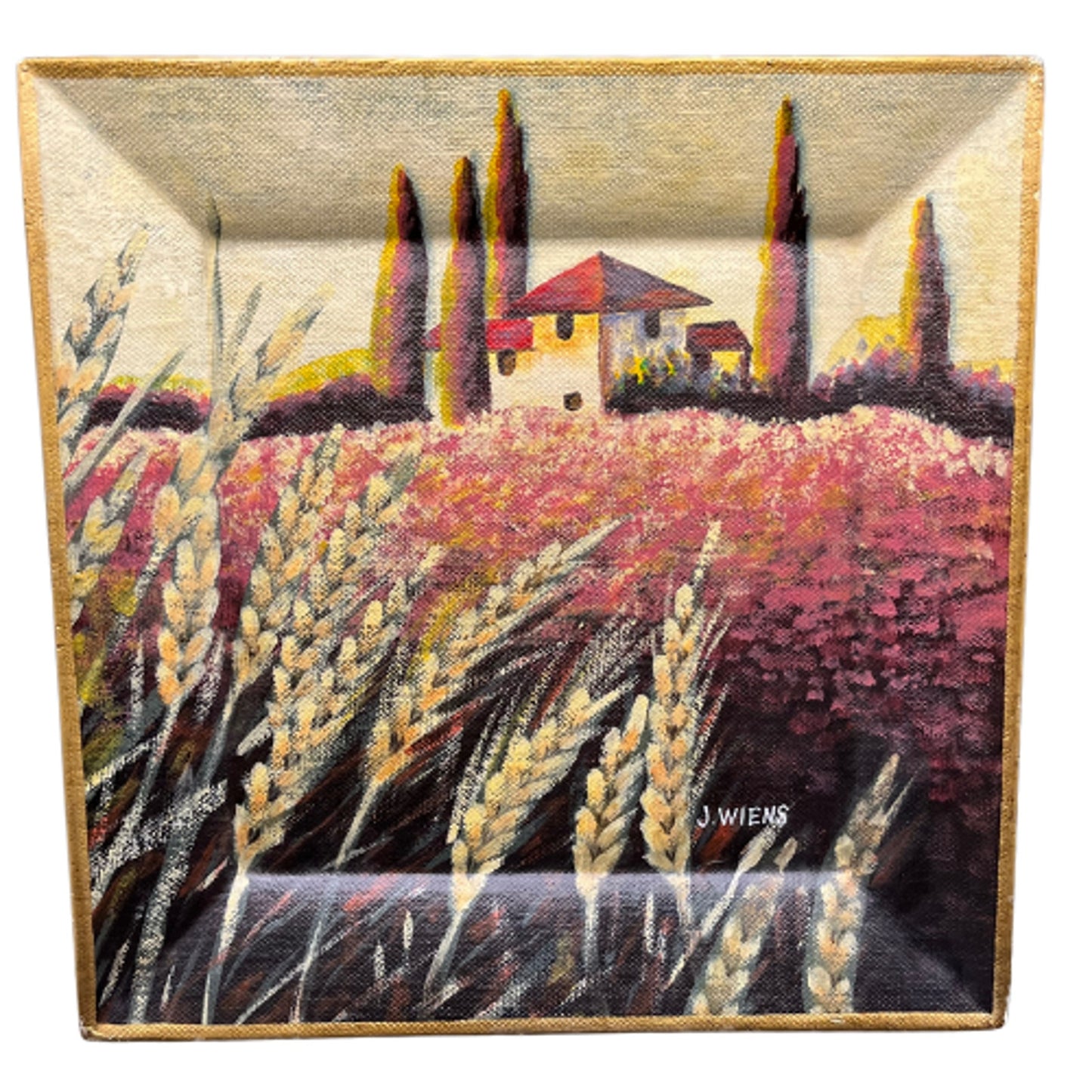 "Tuscan Fields" By J. Wiens  Hand Painted Signed Tam San Designs Beveled 10" by 10" Plate