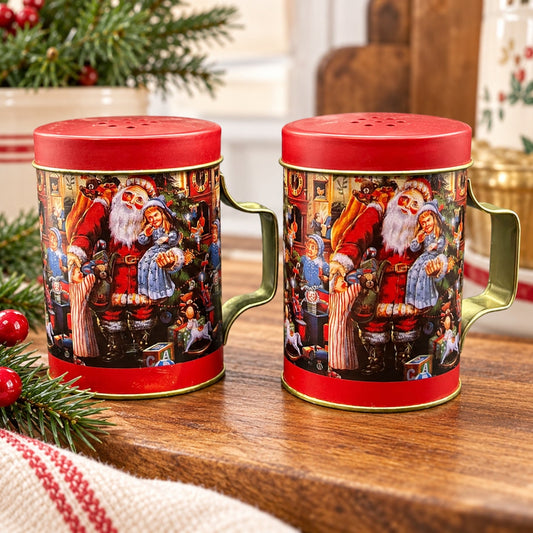 Vintage Christmas Tin Salt and Pepper Shakers Holiday Table Decor 4 Inch