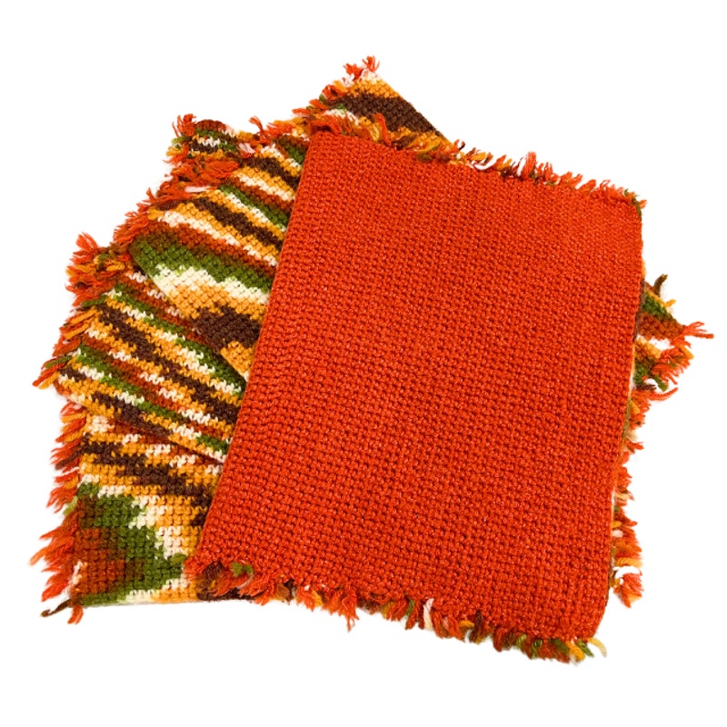 Vintage 1970s Striped Crochet Placemats Set of 4 Handmade Boho Table Linens