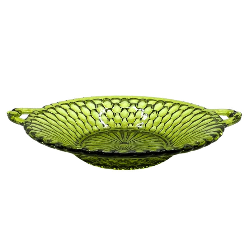 Vintage Indiana Glass Avocado Green Honeycomb Round Relish Dish Mid Century