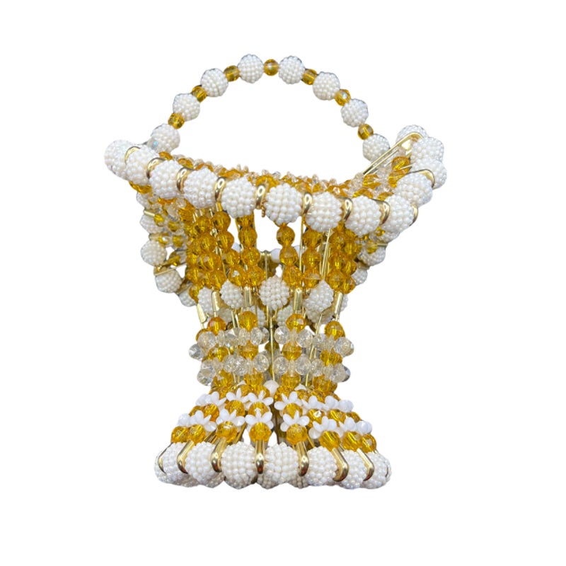 Vintage Handmade Beaded Safety Pin Basket Gold White Folk Art MCM