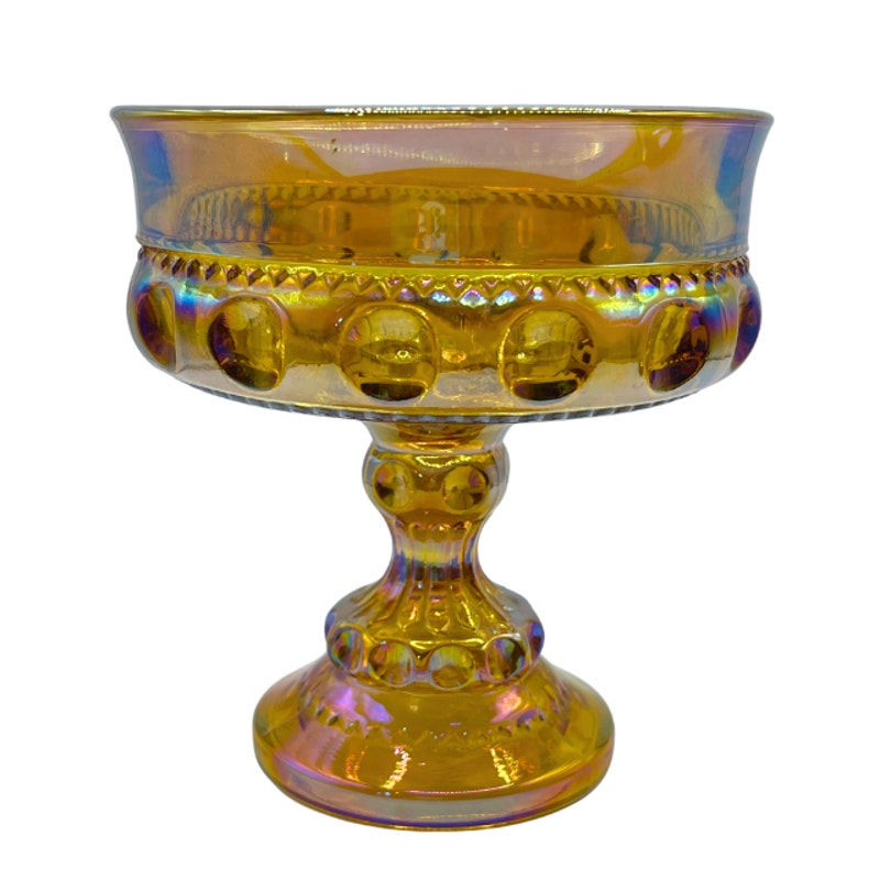 Vintage Indiana Glass Kings Crown Marigold Carnival Glass Pedestal Compote Dish