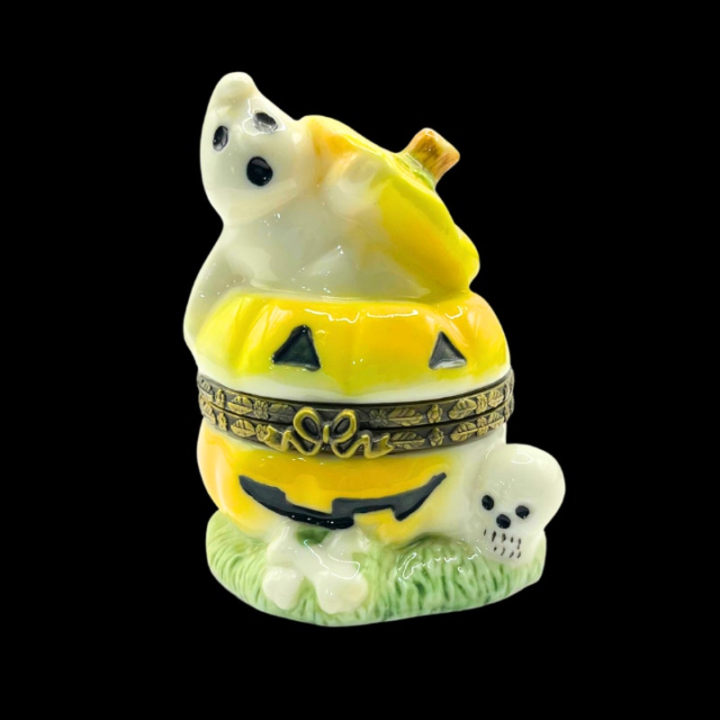 Vintage Herco Halloween Ghost Pumpkin Skull Hinged Ceramic Trinket Box