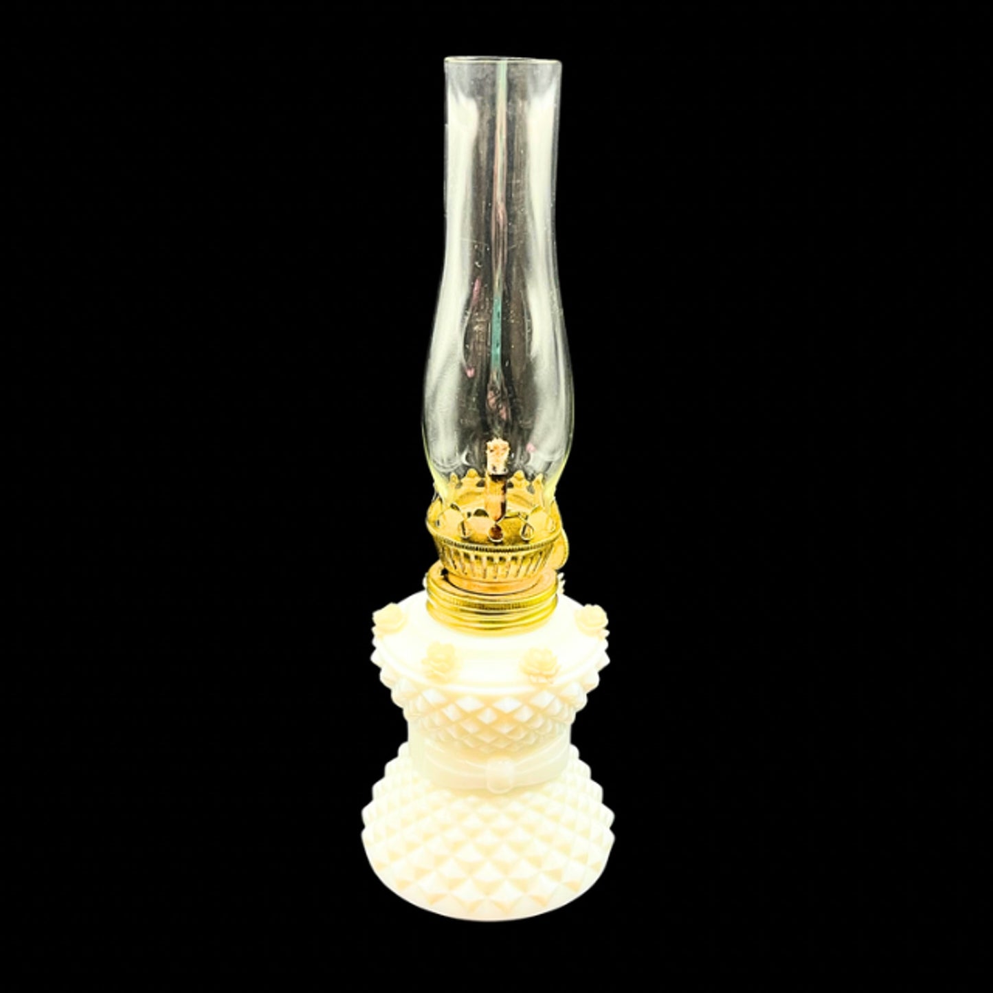 MCM Vintage Milk Glass Miniature Oil Lamp Diamond Point Rose Accent