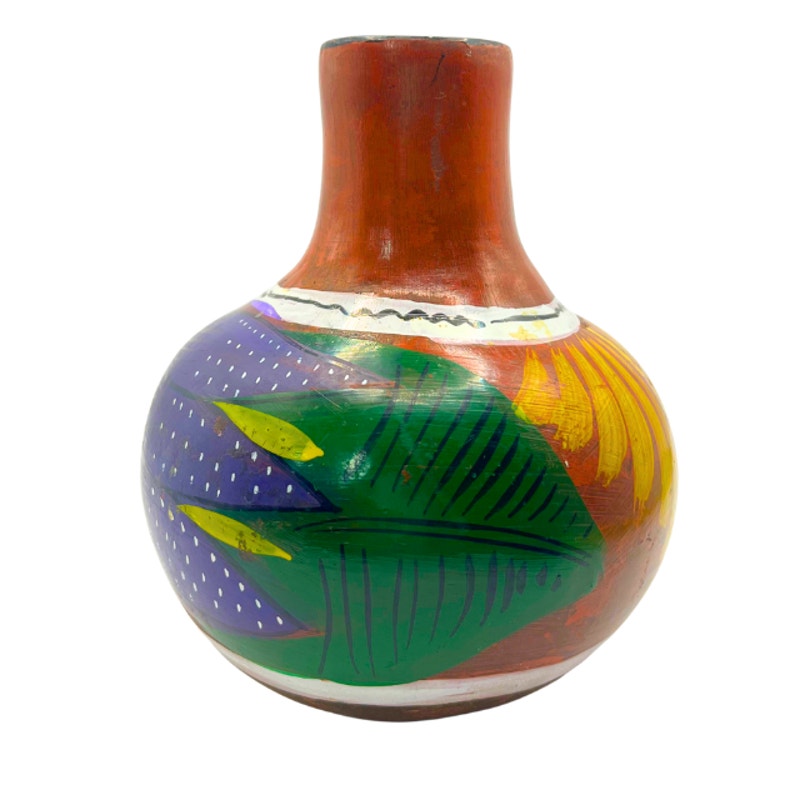 Vintage Mexican Terracotta Water Jug Hand Painted Floral Folk Art Approx. 6"