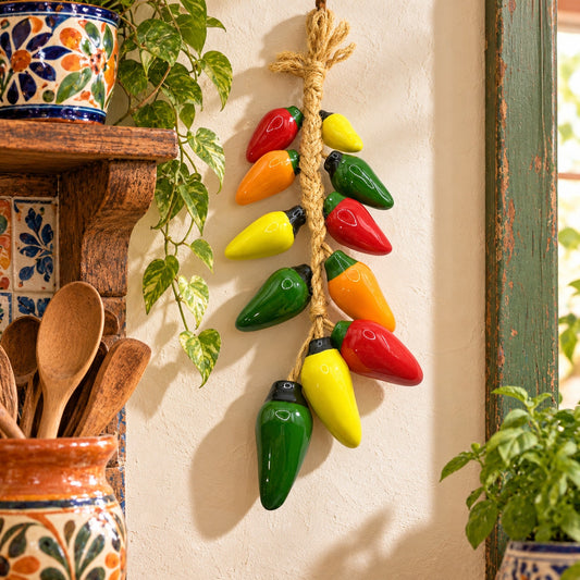 Vintage Ceramic Jalapeno Pepper Ristra Wall Hanging Multicolor Mexican Folk Art