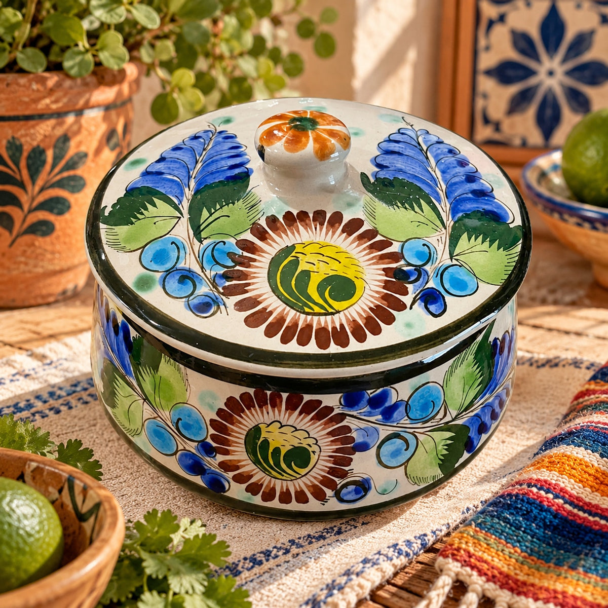 Vintage Tonala Mexican Pottery Bean Pot Hand Painted Talavera Floral Blue