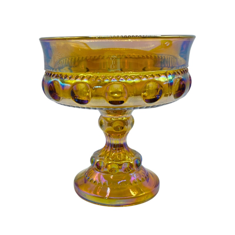 Vintage Indiana Glass Kings Crown Marigold Carnival Glass Pedestal Compote Dish