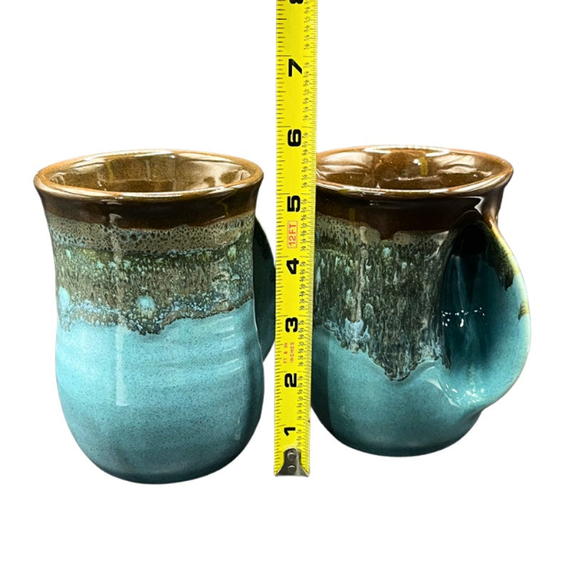 Clay in Motion Handwarmer Mug Set Ocean Tide Blue Signed Art Pottery 2021