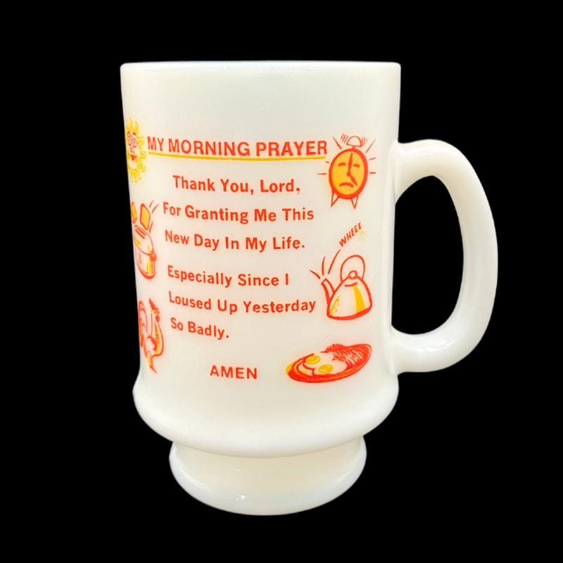Vintage 1960s My Morning Prayer Milk Glass Pedestal Breakfast Mug