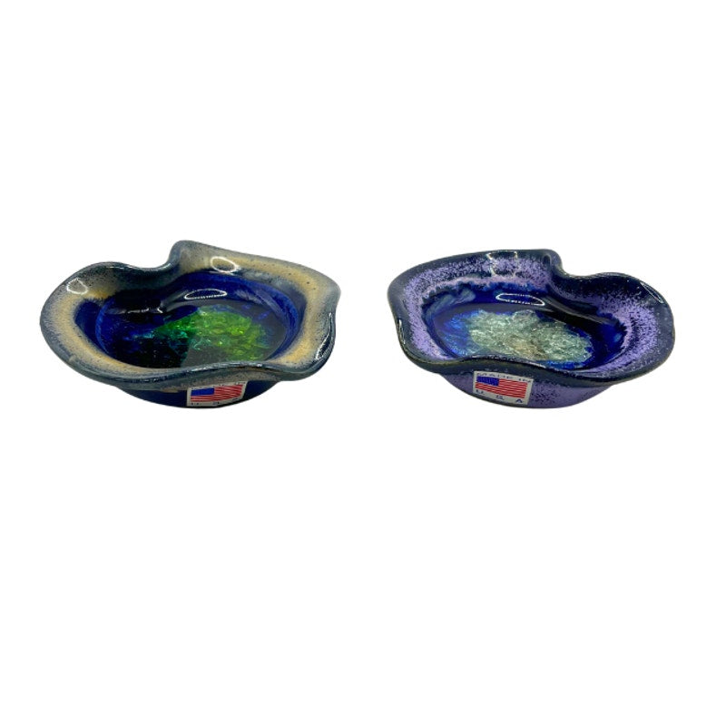 Vintage Down to Earth Heart Shaped Ceramic Melted Glass Dishes Set of 2 USA