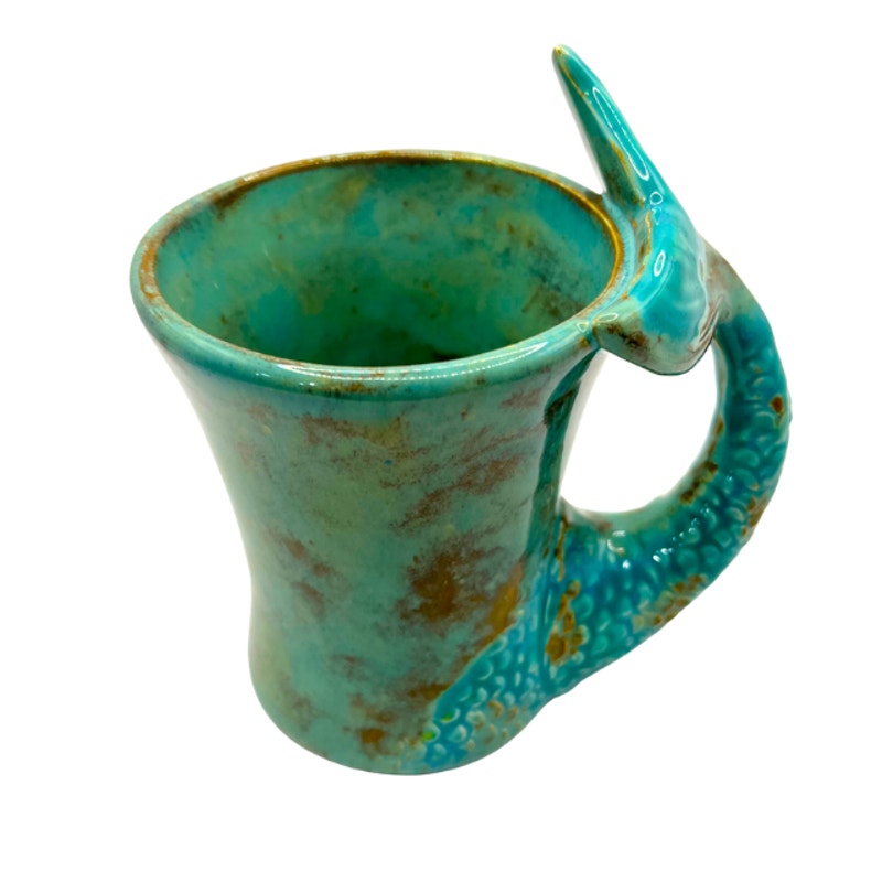 Vintage Studio Pottery Mug Mermaid Tail Handle Turquoise Teal Green Coffee Cup