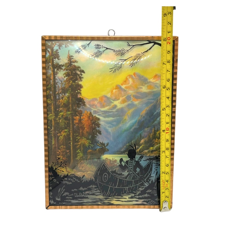 Vintage Reverse Painted Silhouette Picture Native American Nature Art