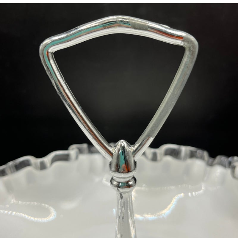 Fenton Silver Crest Milk Glass 8 Inch Handled Bonbon Dish Ruffled Edge