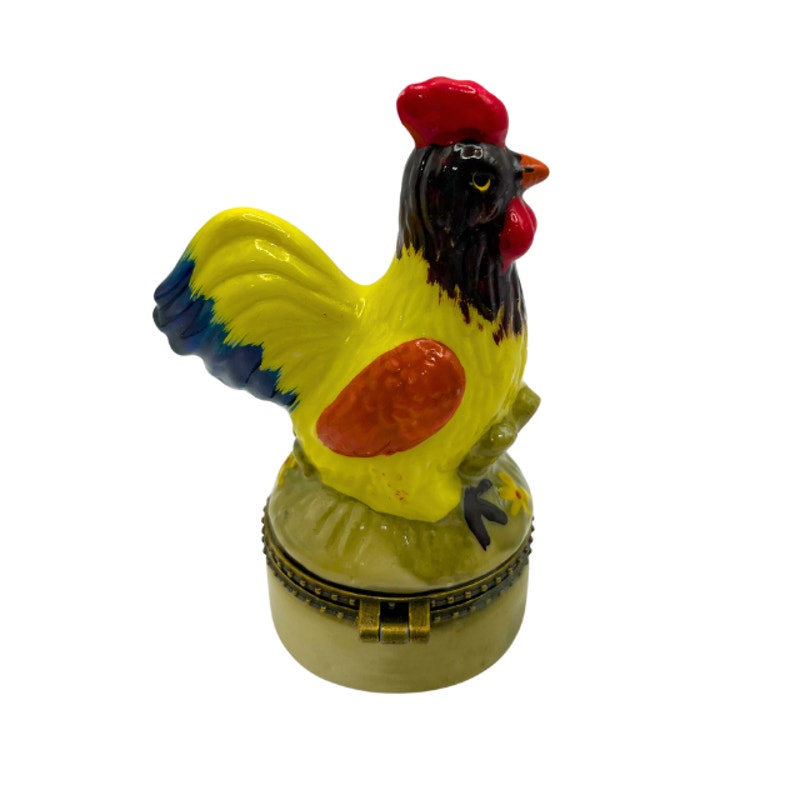 Vintage Nationalfun Rooster Hinged Ring Trinket Box Hand Painted 3 3/4"