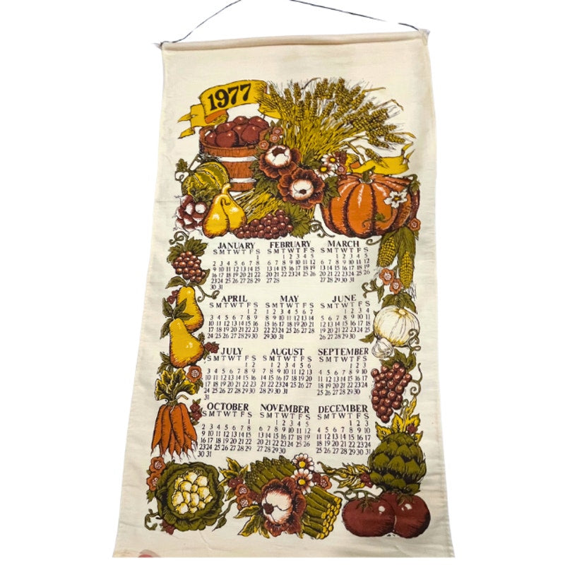 Vintage 1977 Harvest Calendar Tea Towel Fall Fruits Wall Hanging Linen