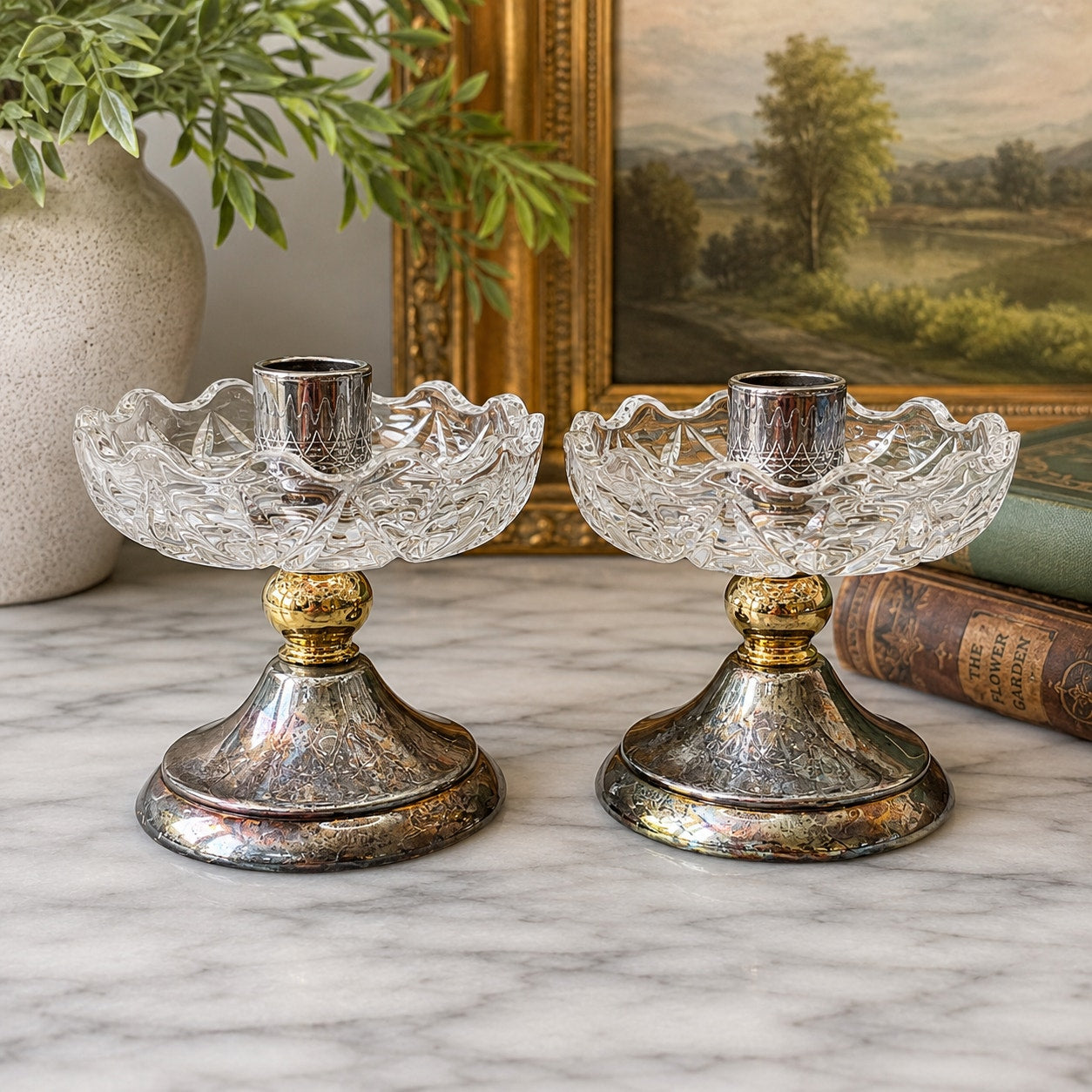 Vintage Landes Italy Silver Plated & Cut Crystal Taper Candle Holders Set of 2