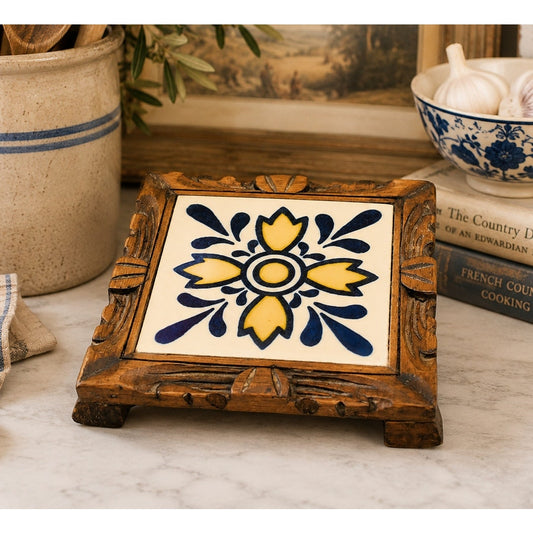 Vintage Talavera Tile Trivet Hand Painted Geometric Wood Framed Boho Deocor