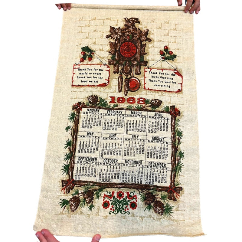 Vintage 1968 Stevens Linen Calendar Tea Towel Cuckoo Clock