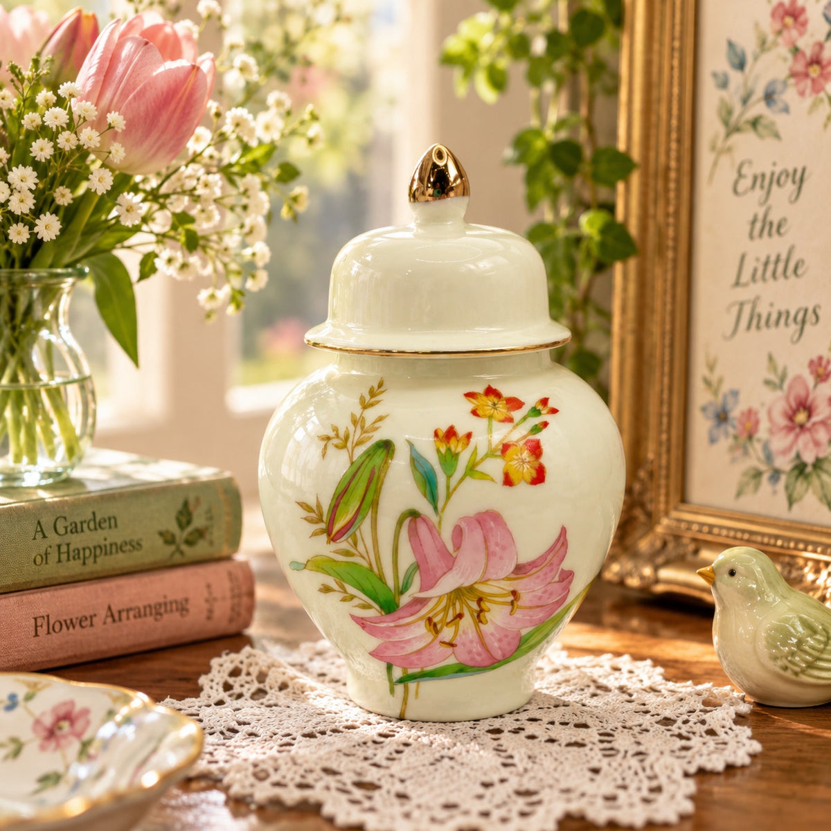 Vintage Flambro Spring Fantasy Porcelain Ginger Jar Lidded Floral Chinoiserie