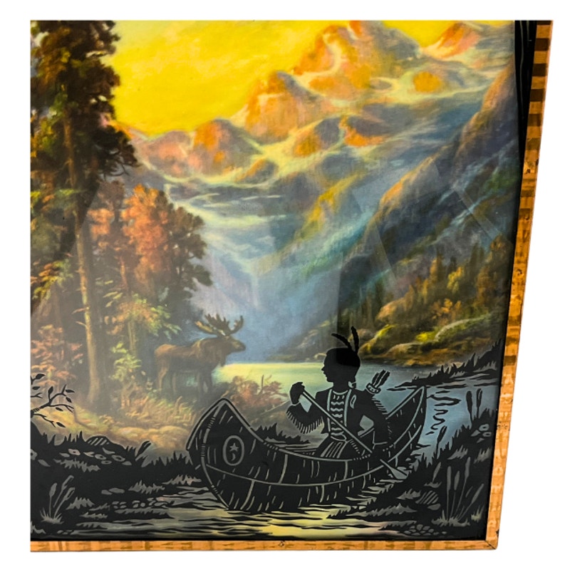 Vintage Reverse Painted Silhouette Picture Native American Nature Art