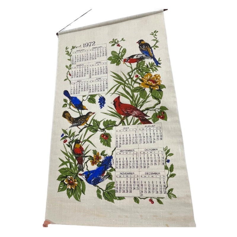 Vintage 1972 Songbirds Calendar Tea Towel Floral Bird Kitchen Wall Hanging Linen