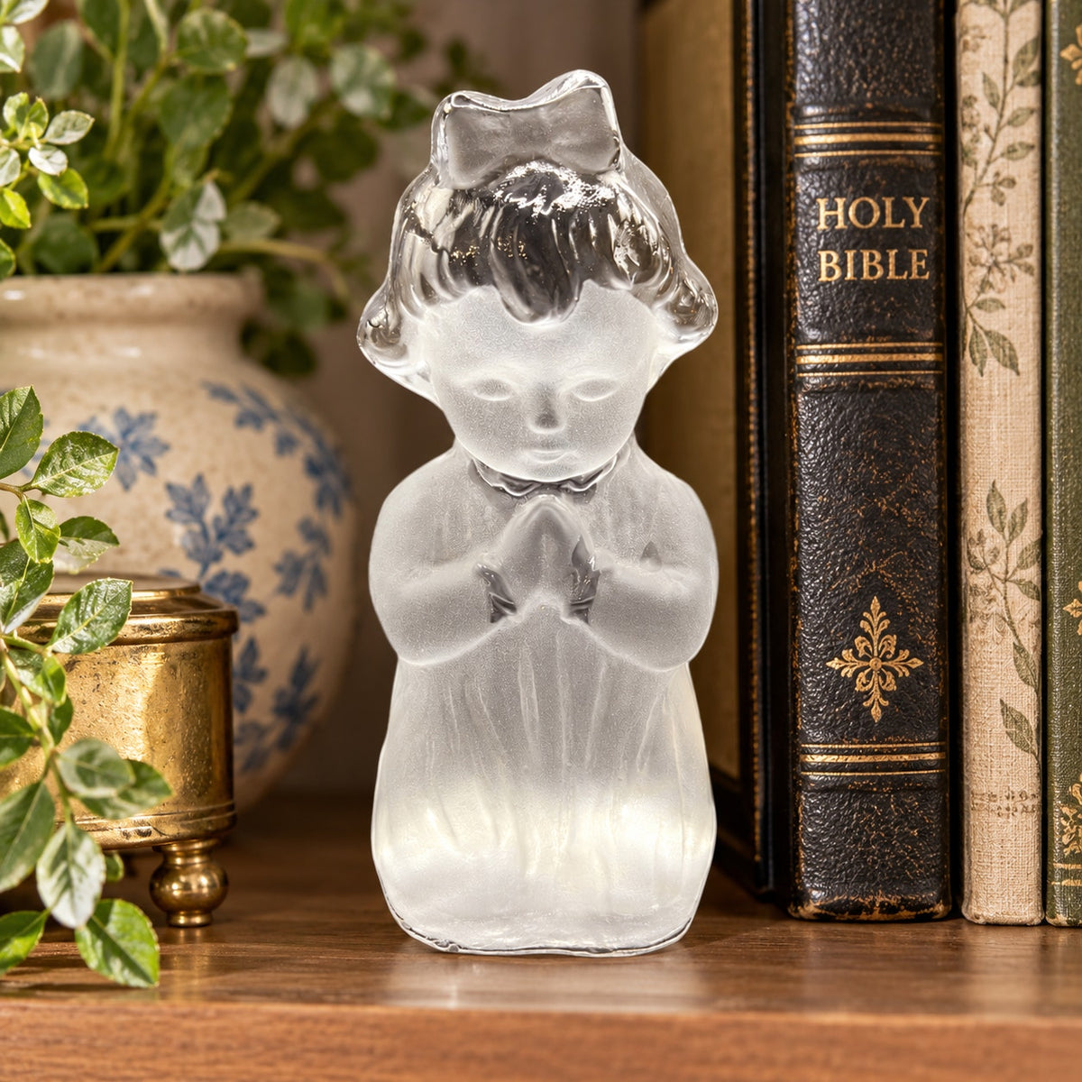 Vintage Viking Glass Praying Girl Figurine Clear Satin Crystal