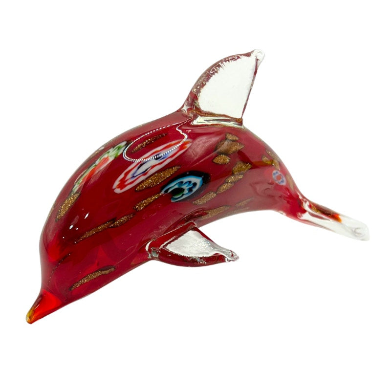 Murano Style Red Aventurine Dolphin Sculpture Blown Art Glass with Millefiori